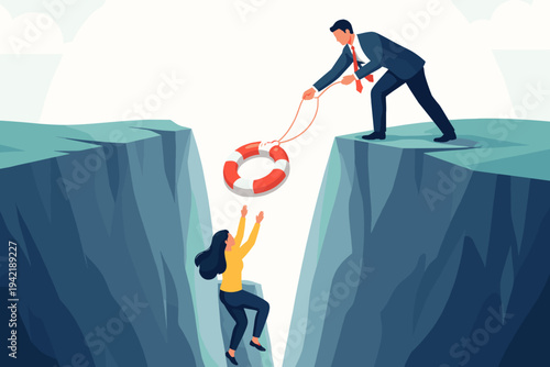 Business Man Helping Woman Trapped in Deep Abyss with Lifebuoy, Professional Support and Crisis Management Concept, Leadership and Rescue Mission Illustration for Corporate Success and Safety.
