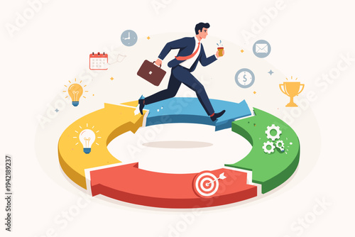 Businessman Running on Circular Arrow Path Representing Daily Routine and Working Habits; Illustration of Agile Development, Time Management, Productivity, Discipline, and Business Efficiency.