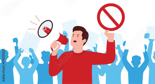 Man Leading Protest with Megaphone and Crowd Holding Strike Signs Vector