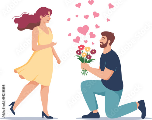 Man Kneeling with Flower Bouquet Proposing to Woman with Floating Hearts Vector
