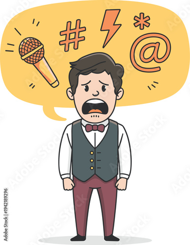 Nervous Man with Microphone and Speech Bubble with Symbols Representing Stage Fright