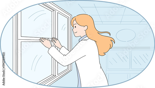 Professional Female Worker Cleaning Window Glass, Concept of Commercial Janitorial Service, Domestic Housekeeping Assistance, Routine Home Maintenance, and Hygiene Standards Vector Illustration