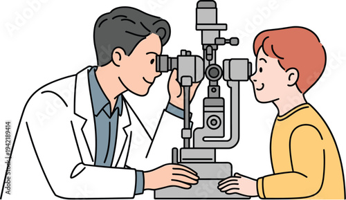 Professional Optometrist Examining Young Boy's Vision with Slit Lamp, Concept of Pediatric Eye Correction Consultation, Ophthalmological Health Checkup, and Medical Eye Diagnostic Vector Illustration