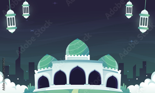 Night mosque illustration with green domes and arches, Ramadan lanterns hanging above city skyline under starry sky, Islamic festival greeting background with clouds