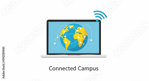 Connected campus technology concept with laptop and globe