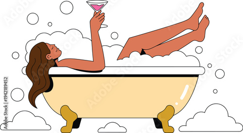 Relaxed Young Woman Taking Bubble Bath and Drinking Cocktail, Concept of Luxury Spa Treatment, Personal Self-Care Routine, Home Wellness Relaxation, and Glamorous Lifestyle Vector Illustration
