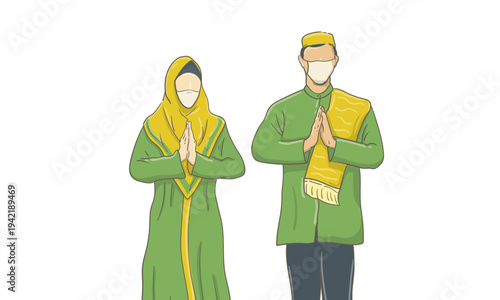 Muslim couple in traditional green outfit wearing face masks greeting with hands together, Eid celebration during pandemic concept illustration isolated on white background