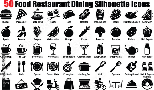 50 Food Restaurant Dining Silhouette Icons Flat Set