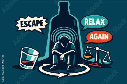 Person trapped in a cycle of alcoholism, seeking escape and temporary relaxation from addiction and depression