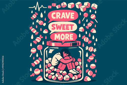 Person trapped in a jar of candy craving sweet more, illustrating sugar addiction and unhealthy eating habits