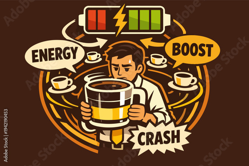 Stressed office worker trying to boost energy with coffee, facing an energy crash from caffeine cycle