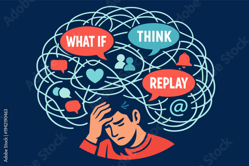 Person experiencing overwhelming thoughts, anxiety, and mental stress from tangled social media and internal dialogue
