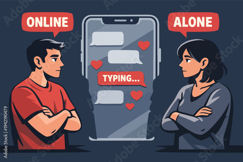 Couple communicating online through a phone app, experiencing loneliness and isolation despite digital connection
