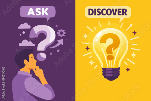Person asking questions and thinking, leading to discovery, problem solving, and finding creative ideas