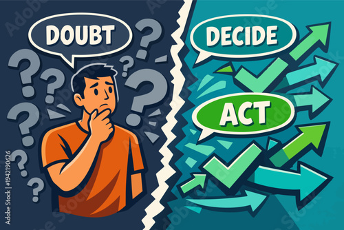 Man in doubt choosing between uncertainty and decisive action, moving forward with progress and motivation