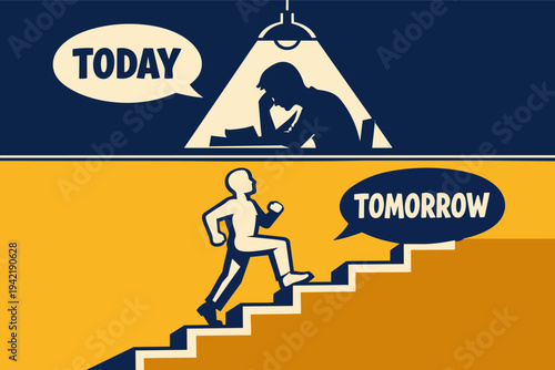 Student working hard today for success tomorrow, progressing up stairs to a brighter future