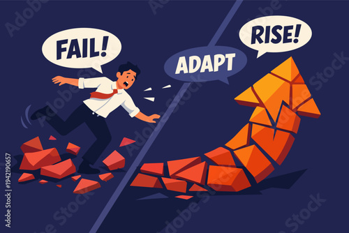 Business person overcoming failure by adapting, building a path to success and rising from challenges
