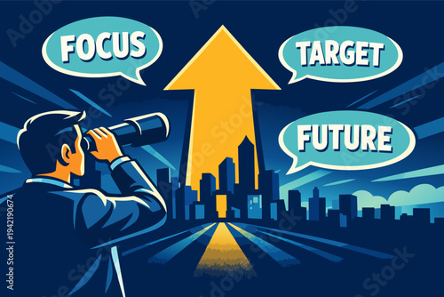 Business man with binoculars seeing future vision, aiming for success, focus, and target in urban skyline growth