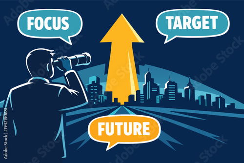Businessman foreseeing future opportunities with vision, focusing on business target and growth strategy