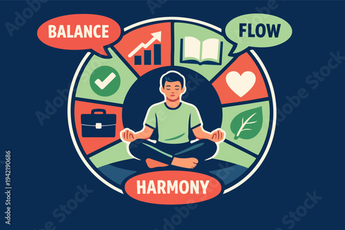 Man in lotus position, achieving equilibrium and tranquility in various areas of life such as career, well-being, and self-care