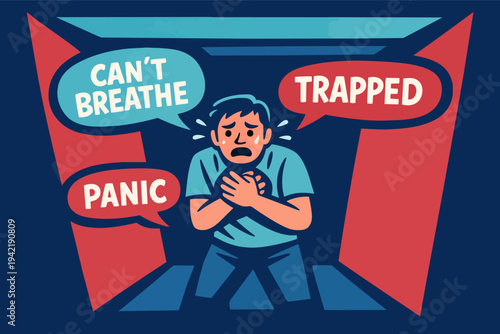 Man experiencing panic attack and anxiety, feeling trapped and unable to breathe in a confined space