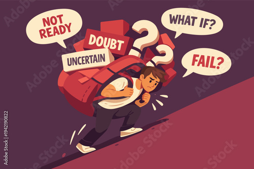 Young man struggling with heavy burden of doubt, fear, and uncertainty, carrying a backpack uphill