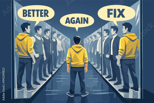 Man facing reflections, considering self improvement, identity transformation, and making better choices again, seeking to fix himself