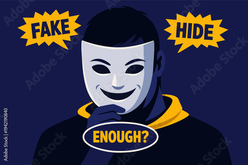 Person wearing happy mask asking enough? While hiding true self, exploring fake identity and deception