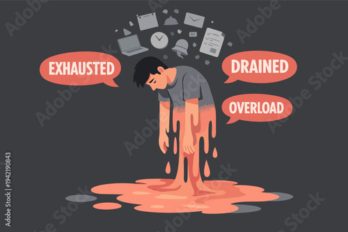 Person experiencing burnout and mental overload, feeling exhausted, drained, and stressed from too many work tasks