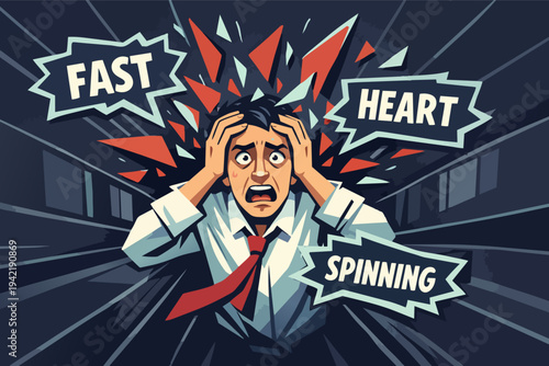 Man experiencing panic attack, fear, and overwhelming anxiety with exploding head and racing thoughts