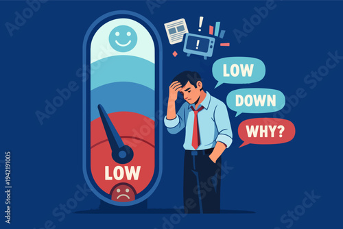 Stressed businessman showing low mood and poor performance on a meter, experiencing business failure and distress