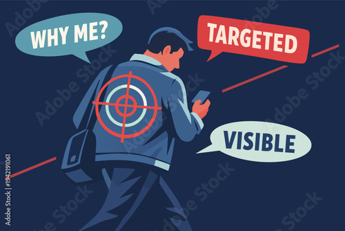 Person walking with smartphone, experiencing digital surveillance, data targeting, and privacy invasion