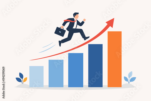 Successful Businessman Jumping Up on Rising Bar Chart Graph with Red Arrow Representing Career Growth, Financial Success, Business Achievement, and Economic Progress in Flat Vector Illustration.