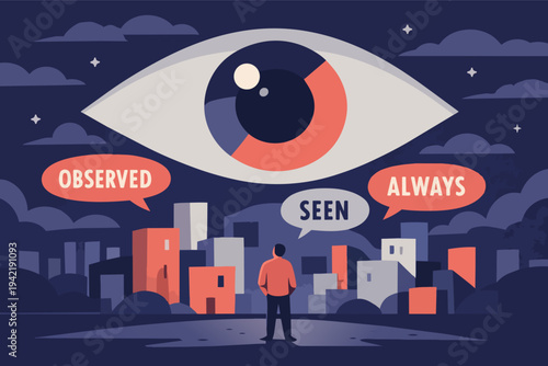 Big eye watching a person in a city, symbolizing constant government monitoring, data collection, and loss of privacy