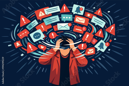 Person experiencing digital overload, stress and anxiety from constant social media notifications and information