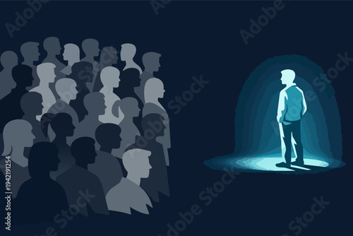 Individual person standing out from crowd in spotlight, showing uniqueness, opportunity, and new path