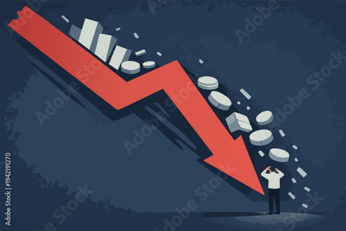 Business man reacting to financial market crash, a red arrow declining rapidly with bar graph and coin elements failing