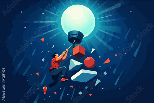 Person climbing rope, lifting abstract geometric shapes towards glowing celestial body in dark sky, aspiring to reach dreams