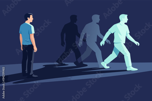 Man observing a sequence of self-transformation, moving from darkness into illumination and progress