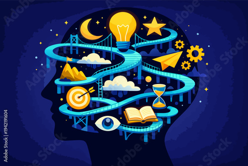 Human head with complex brain pathways connecting abstract concepts like innovation, intellect, vision, and mental process exploration
