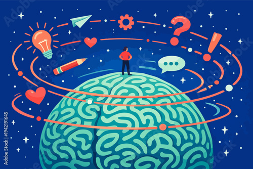 Person standing on brain, developing new concepts, ideas, creativity, and problem solving process