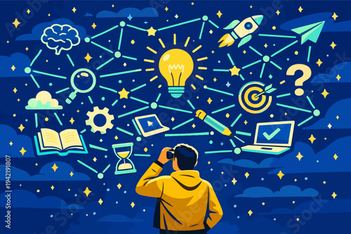 Person observing lightbulb idea, brain, and rocket in a network of connected concepts and innovation