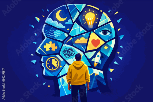 Man standing facing abstract human head with thoughts, ideas, feelings, and memories representing mind complexity