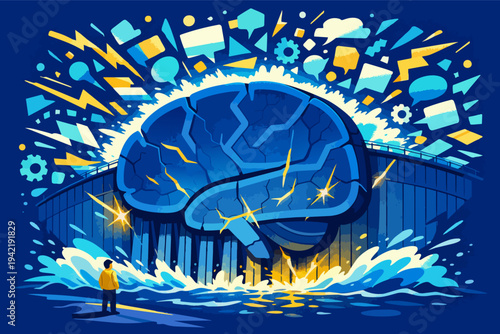Giant brain as a dam releasing ideas and brainpower, a man observing the powerful flood of creativity