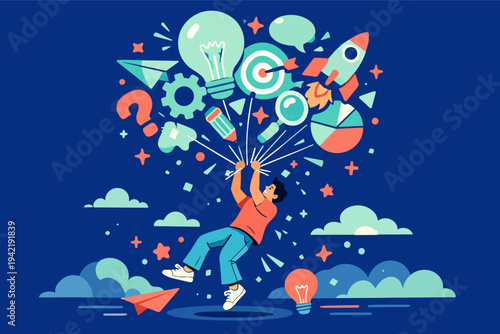 Man holding various ideas and business concepts, flying upwards, representing innovation and startup growth