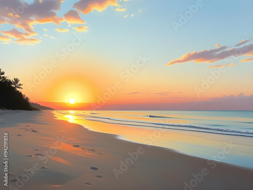 sunset, beach, ocean, sea, shore, coast, seaside, waves, water, sand, horizon, sky, clouds, sunlight, twilight, dusk, evening, orange, red, golden, reflection, seascape, tropical, summer, travel, holi