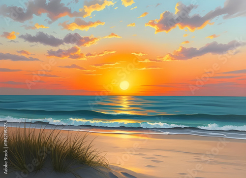 sunset, beach, ocean, sea, shore, coast, seaside, waves, water, sand, horizon, sky, clouds, sunlight, twilight, dusk, evening, orange, red, golden, reflection, seascape, tropical, summer, travel, holi