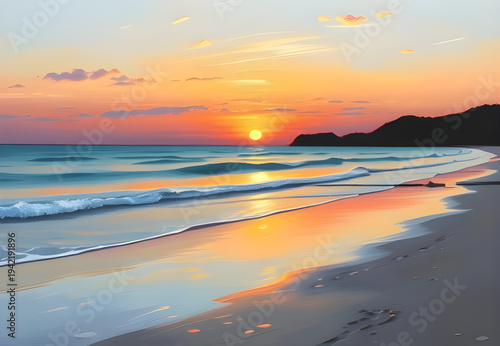 sunset, beach, ocean, sea, shore, coast, seaside, waves, water, sand, horizon, sky, clouds, sunlight, twilight, dusk, evening, orange, red, golden, reflection, seascape, tropical, summer, travel, holi