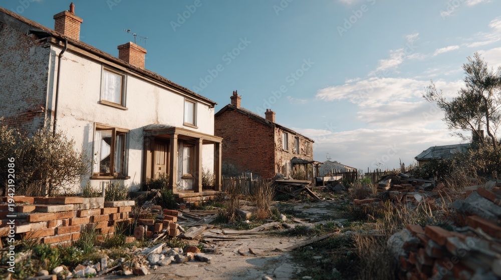 Fototapeta premium Abandoned Historic Houses: A poignant tableau of weathered, time-worn houses, standing as silent sentinels against a bright blue sky, whispering tales of eras gone by. 