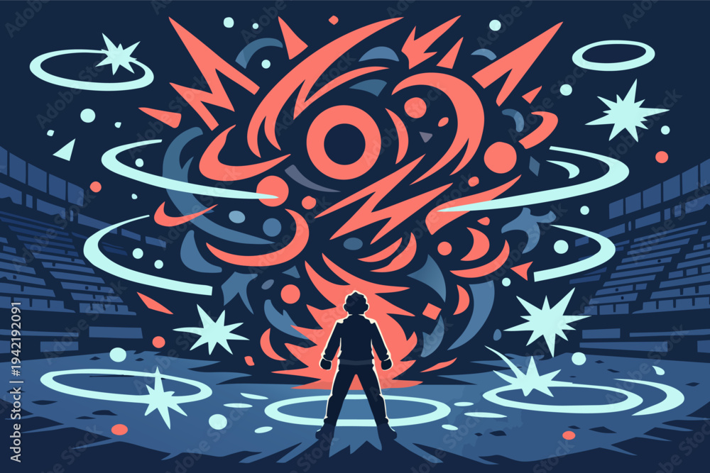 Fototapeta premium Silhouette person generating powerful energy burst in arena, unleashing psychic power and chaos